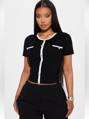 NWOT Fashion Nova Black & White Preppy Faux Button Short Sleeve Sweater Top XL